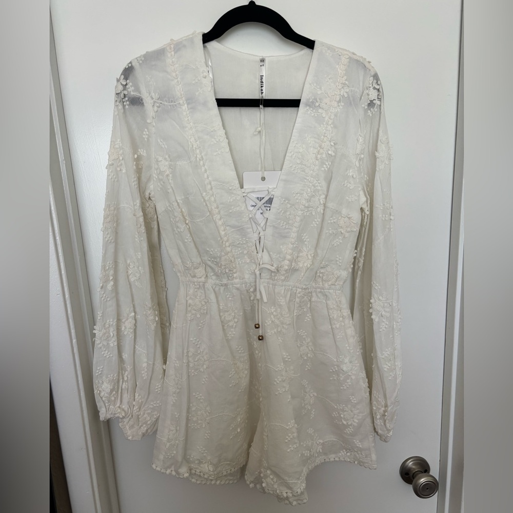 Women's White Lace-Embroidered V-Neck Romper